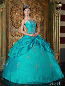 Turquoise Sweetheart Organza Appliqued Sweet 15 Dress with Pick-ups