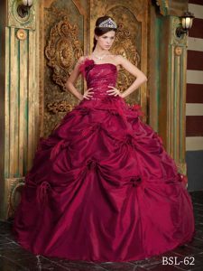 Wine Red Strapless Beaded Quinceanera Dress with Pick-ups and Flower