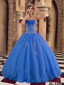 Sky Blue Sweetheart Ball Gown Ruched Organza Sweet 16 Dress with Beading