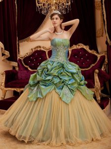 Strapless Olive Green and Orange Appliqued Quinceanera Dress with Pick-ups