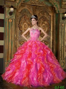 Hot Pink Strapless Long Quinceanera Dresses with Beading and Ruffles