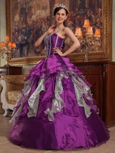 Purple Sweetheart Ball Gown Dress for Quince with Ruffles and Beading