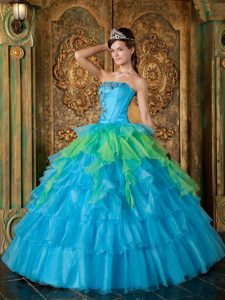 Strapless Blue and Green Organza Sweet 16 Dresses with Ruffles and Appliques