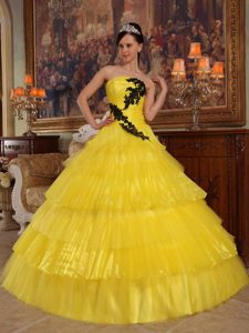 Yellow Strapless Long Organza Layered Sweet 16 Dresses with Appliques