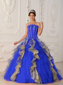 Strapless Blue and Yellow Organza Quinceanera Dress with Ruffles and Beading