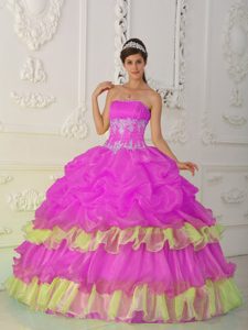 Strapless Fuchsia and Yellow Layered Ruffled Quinceanera Dress with Pick-ups