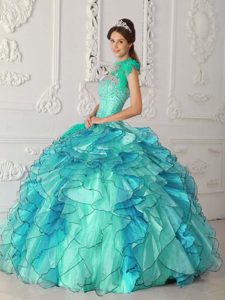 Turquoise Strapless Organza Ruffled Quinceanera Dress with Beading and Plume