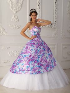 New Sweetheart White and Printed Ball Gown Quinceanera Dress with Pick-ups