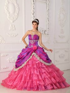 Strapless Brush Train Fuchsia and Pink Layered Quinceanera Dress with Flower