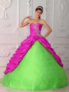 Sweetheart Green and Fuchsia Quinceanera Dress with Appliques in Taffeta