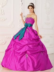 Fuchsia Ball Gown Strapless Dress for Quince with Beading and Sash