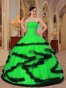 Green Strapless Organza Appliqued Dress for Quince with Beading for Cheap