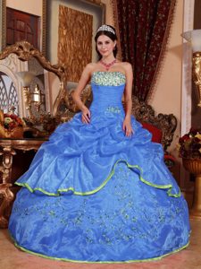 Unique Blue Ball Gown Strapless Quinceanera Dress in Organza with Appliques