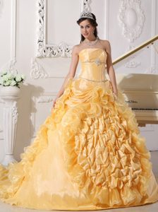 Gold Ball Gown Strapless Dress for Quince with Ruffles in and Organza