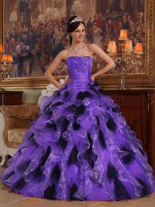 Purple and Black Ball Gown Strapless Organza Quinceanera Dress with Ruffles