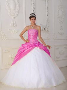 Hot Pink and White Strapless Dress for Quince with Appliques and Hand Flower