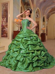 Green Beaded Strapless Quinceanera Dresses with Pick-ups for Cheap