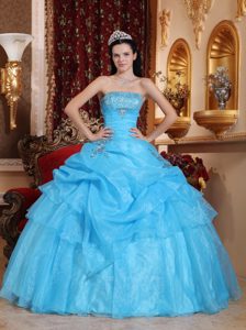 Aqua Blue Strapless Quinceanera Dress in Organza with Beading and Pick Ups