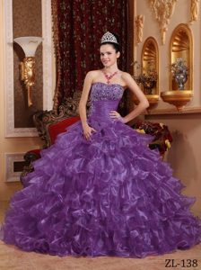 Lavender Ball Gown Strapless Organza Beaded Quinceanera Dress with Ruffles