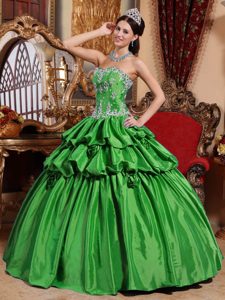 Green Ball Gown Sweetheart Dress for Quince with Appliques Made in