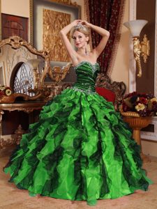 Multi-Color Beaded Sweetheart Organza Dress for Quince with Ruffles on Sale