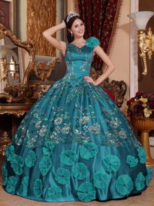 Teal V-neck Satin Quinceanera Formal Dresses with Beading and Appliques