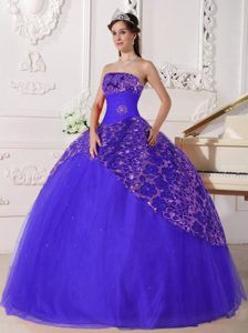 Blue Ball Gown Strapless Tulle Quinceanera Dress with Beading and Ruching