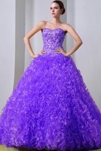 Purple A-line Sweetheart Quinceanea Dresses with Rolling Flowers in Organza