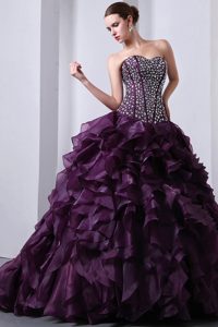 Purple Princess Beaded Sweetheart Organza Dresses for Quince with Ruffles