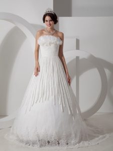 Modest A-line Strapless Brush Train Satin Appliques Decorated Wedding Dress