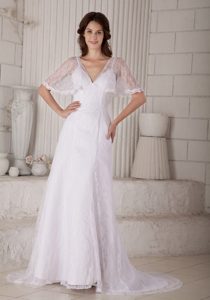 V-neck Lace Wedding Bridal Dresses with Court Train for Custom Made