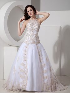 Exclusive Halter Tulle Lace Wedding Dresses with Court Train and Appliques