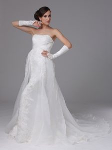 Pretty Lace and Organza Strapless Wedding Dress for Women with Brush Train