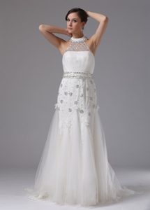 High-neck Wedding Dresses Lace Beaded with Brush Train on Promotion