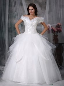 Perfect Ball Gown off the Shoulder Tulle Appliques Decorated Wedding Dress