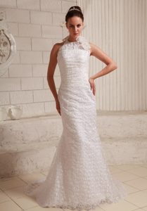 Halter Top Lace Wedding Dress with rush Train and Hand Made Flower on Sale