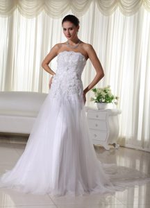 A-line Strapless Tulle and Lace Wedding Dresses with Lace up Back