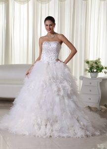 Beautiful Strapless Satin and Organza Wedding Dress with Embroidery on Sale