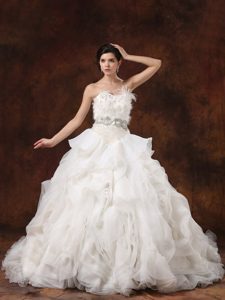 Special Strapless Court Train Ruffled Wedding Dress with Beading and Feather