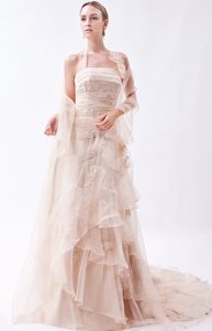Halter Champagne Court Train Ruched Appliqued Wedding Dress with Shawl
