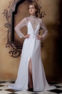 High-neck Long Sleeves Brush Train Chiffon Lace Wedding Dress with Slit