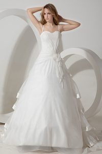 Spaghetti Straps Brush Train Ruched Wedding Dresses with Layers and Flower