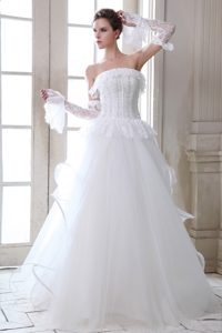 Flounced Strapless Long Tulle Wedding Dress with Ruffles and Beading