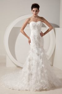 Ruched Sweetheart Court Train Mermaid Ruffled Wedding Dress with Appliques
