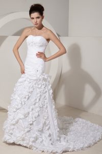 Strapless Court Train Ruched Beaded Wedding Dress with Ruffles and Flower