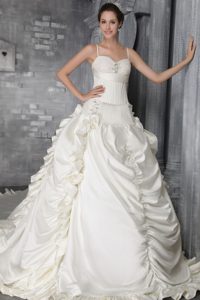 Spaghetti Straps Court Train Ruched Wedding Dress with Pick-ups and Beading