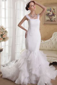 Straps Court Train Mermaid Satin and Organza Wedding Dresses with Ruffles