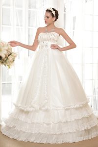 Strapless Long Layered Tulle Wedding Gown with Beading and Flower