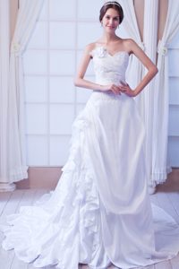 Sweetheart Drapped Ruffled Wedding Dress with Appliques and Flower