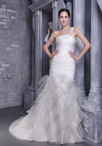 One Shoulder Court Train Mermaid Ruched Tulle Wedding Dress with Ruffles